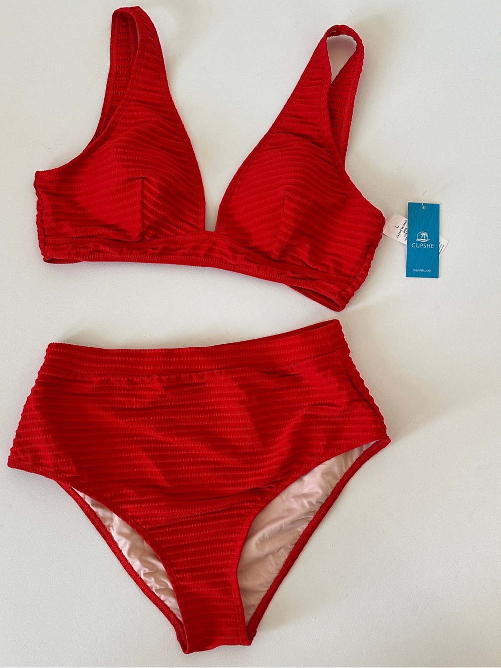 Cupshe Red Horizontal Ribbed Bikini Top & High Waisted Bottom Set Size L